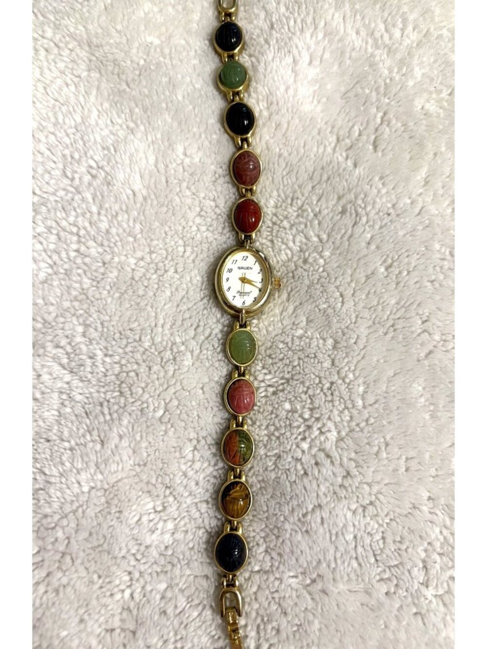 Vintage Gruen Precision Scarab Bracelet Watch Multicolor Carved Stones Quartz 7"